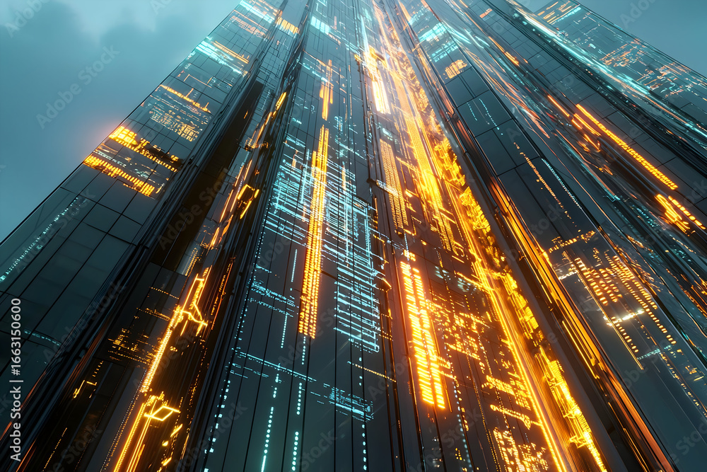 Poster futuristic skyscraper with vibrant digital network lighting, showing advanced technology and innovat