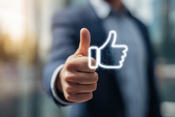 Businessman giving thumbs up, digital approval