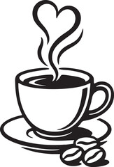 Black and white illustration of coffee cup with steam forming heart, saucer and beans in cozy minimalist style
