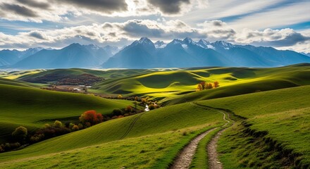 Fototapeta premium Sunlight illuminates green hills and mountains under a cloudy sky with a path