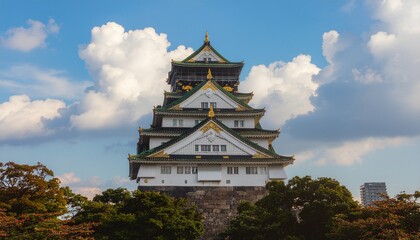 水墨画で描かれた夏の雲と大阪城の迫力ある風景