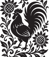 Black and white rooster illustration with sunflowers, vines and leaves in decorative folk-art style for nature and culture themes