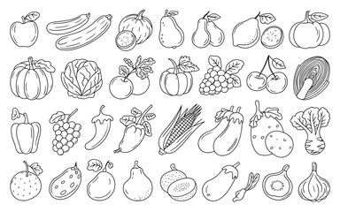 Black and White Outlined Variety of Fruits and Vegetables for Coloring Book Pages and Educational Materials
