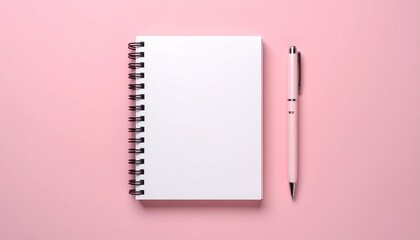 A spiral notebook with pen isolated on a plain pink background
