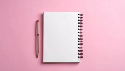 A spiral notebook with pen isolated on a plain pink background
