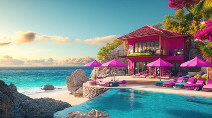 Obraz premium Seaside haven featuring a pink villa with pool and beach views evoking a sense of tranquility
