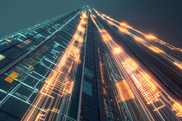 Futuristic skyscraper glows with digital data streams, illuminating the future of technology and innovation with a modern, powerful aesthetic