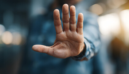person's hand showing palm gestures stop, concept violence, warning, refuse, defense, caution. the hand sign of men a stop