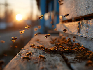 Bees at the hive at sunset, real photo not AI