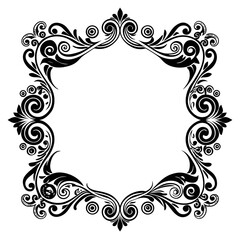 Elegant black ornate floral scrollwork frame design silhouette isolated on white background
