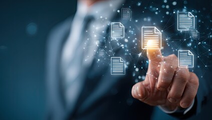 Man digitally interacts with floating document icons, showcasing document management