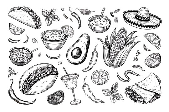 Mexican food sketch drawing seamless pattern of taco burrito chili pepper avocado lime and margarita glass with hat for restaurant decoration
