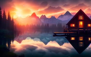 Cabin at sunset with mountains background

