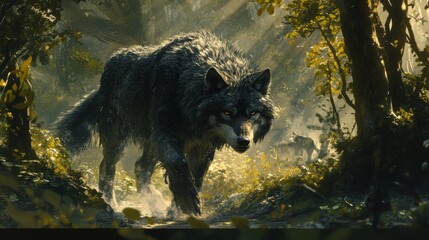 A majestic wolf with a thick, glossy coat walking through a forest 
