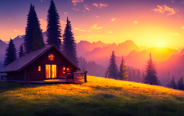 Cabin at sunset with mountains background
