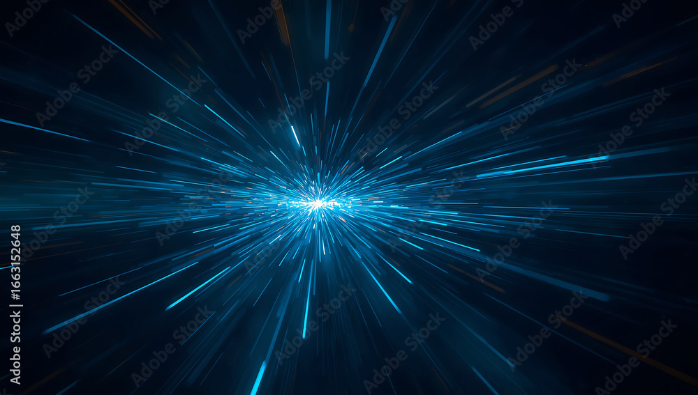 Poster abstract blue light streaks emanating from a bright central point creating a sense of fast motion an
