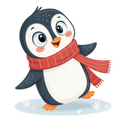Obraz premium Cute cartoon penguin character on transparent background for winter illustrations, children’s books, festive posters and educational designs