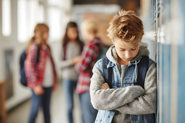 Sad pupil being bullied by classmates at corridor