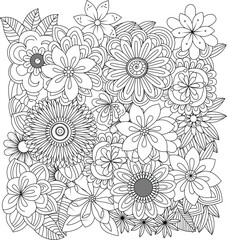 Detailed line art floral arrangement inspiring creativity and relaxation white background