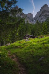 mountain landscape with a wooden cabin
