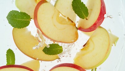 Fresh apple slices in water with mint leaves