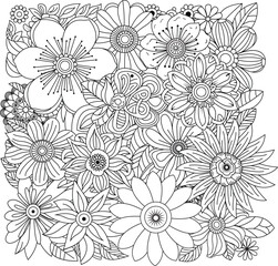 Intricate outline drawing of a dense assortment of blooming flowers and leaves detailed botanical art white background