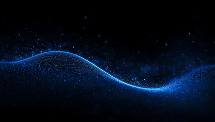 Abstract glowing blue wave of light particles flowing through dark space with scattered stars