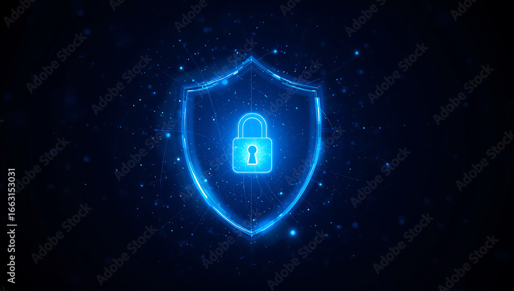 Poster glowing blue digital shield with unlocked padlock symbolizing cybersecurity and data protection in a