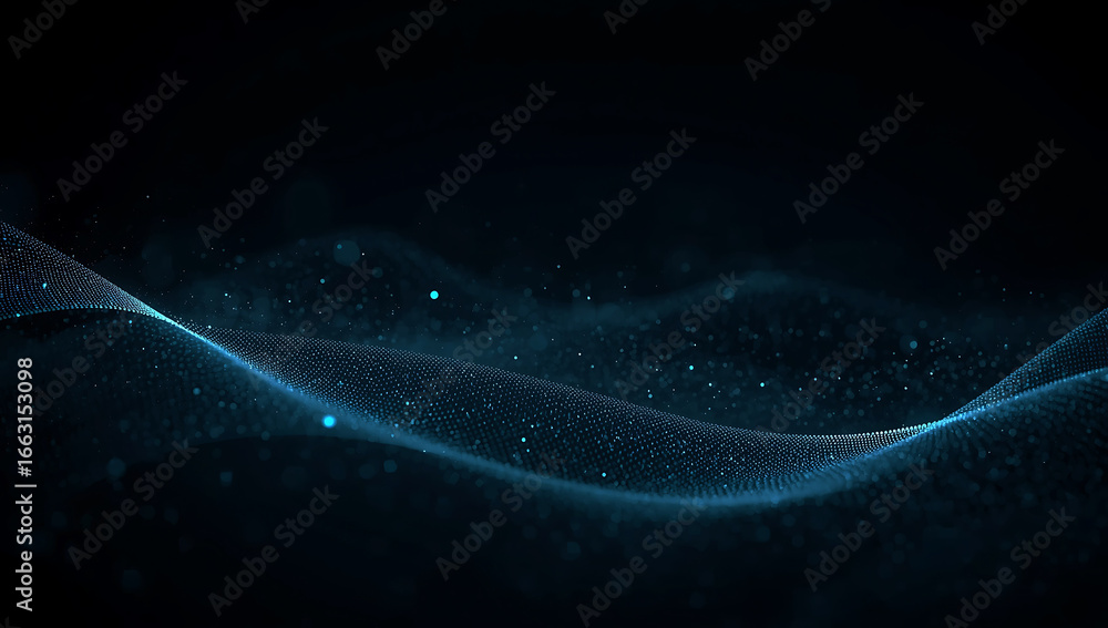 Poster abstract flowing wave of glowing blue particles and light against a dark background creating a futur
