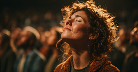 Preacher blessing woman in spiritual ceremony, eyes closed, deep worship and faith, emotional moment of devotion surrounded by diverse congregation in sacred Christian setting