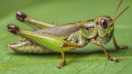 Fototapeta premium Close-up of a grasshopper on a leaf. Detailed view of its body, legs, and antennae