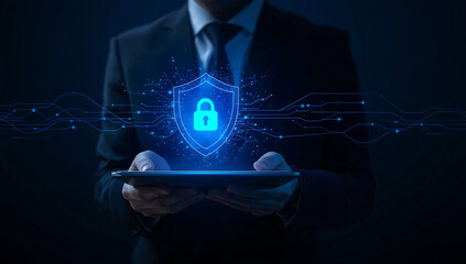 Businessman holding tablet with glowing blue digital padlock symbolizing cybersecurity and data protection