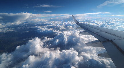 Airplane wing in high-altitude sea of clouds, travel, business trip, transportation scene