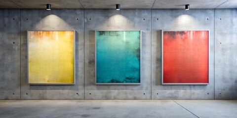 Three abstract paintings in yellow, teal, and red displayed in a modern art gallery with concrete walls and spotlights