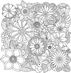 Detailed floral design with many flowers and leaves for coloring and decorative use white background