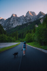 dog and girl walking on the road in the mountains at sunset