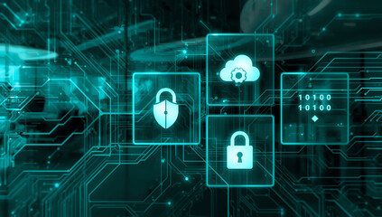 Digital security concept with glowing icons of locks and cloud storage on a circuit board background