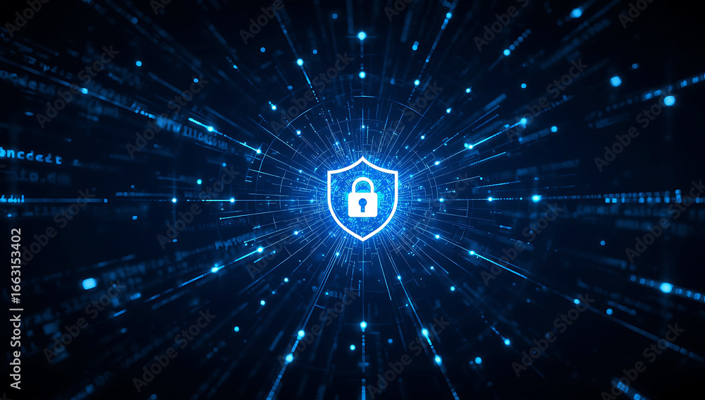 Poster glowing blue digital shield with a padlock symbol at the center representing cybersecurity and data 