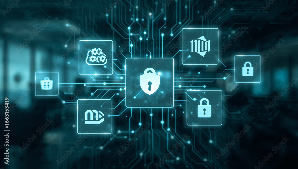 Poster digital security concept with glowing padlock icon surrounded by other security icons and circuit bo