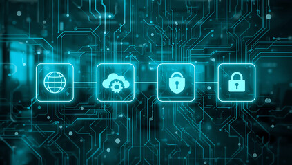 Digital security icons representing biometric authentication cloud storage and data protection on a circuit board background