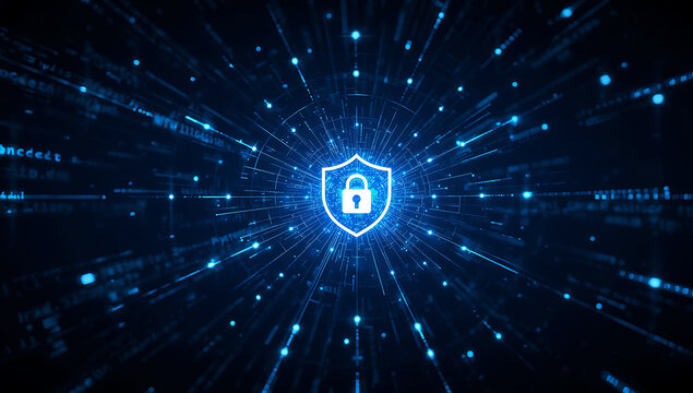 Glowing blue digital shield with a padlock symbol at the center representing cybersecurity and data protection in a futuristic network