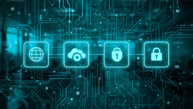 Digital security icons representing biometric authentication cloud storage and data protection on a circuit board background