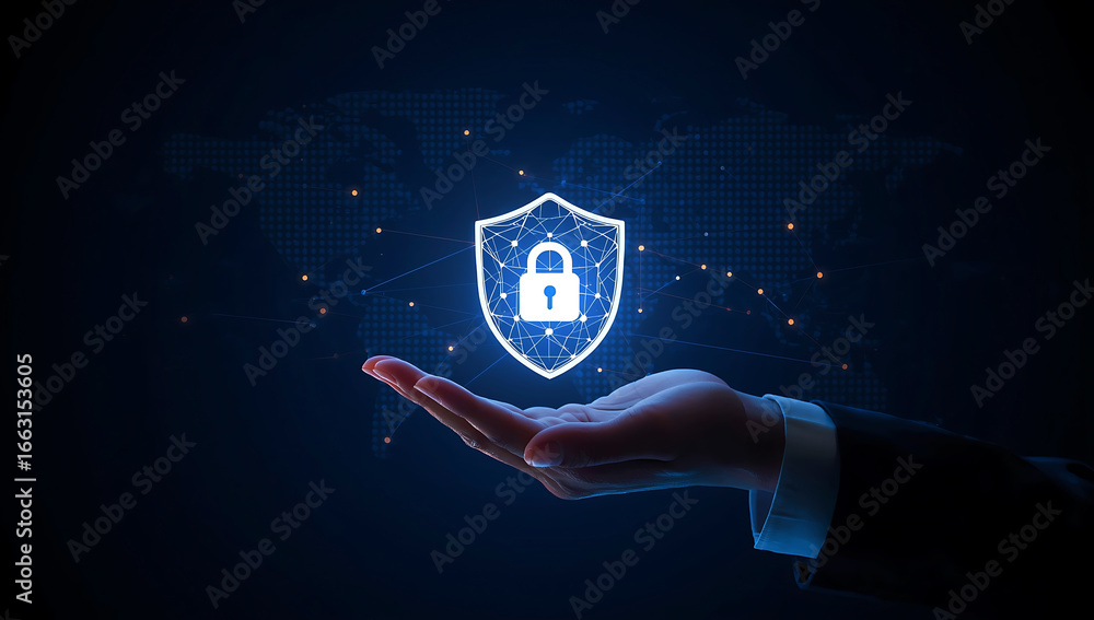 Poster digital shield with padlock hologram glowing in a person s open palm representing cybersecurity and 