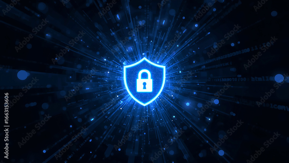 Poster glowing blue digital shield with a padlock symbol representing cybersecurity and data protection in 