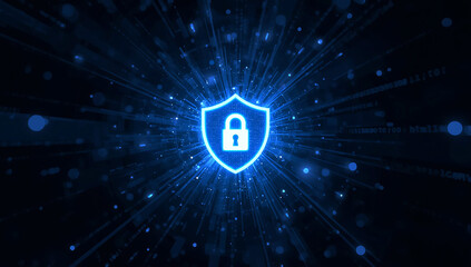 Glowing blue digital shield with a padlock symbol representing cybersecurity and data protection in a futuristic network