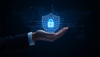 Digital shield with glowing padlock symbol held protectively in a person s open palm against a dark background