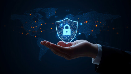 Digital security shield with glowing padlock icon held protectively in a person s open hand against a dark background