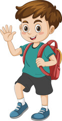 A cheerful cartoon boy with a backpack waves hello, ready for school, adventure, or a fun day out.