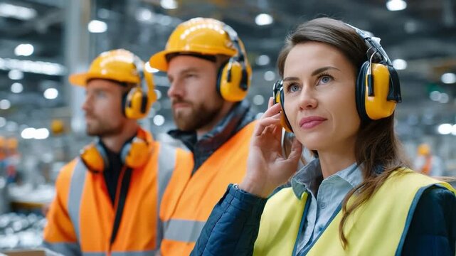 Safety First in the Workplace: A determined team of workers, adorned in protective gear, stands vigilantly in an industrial setting.
