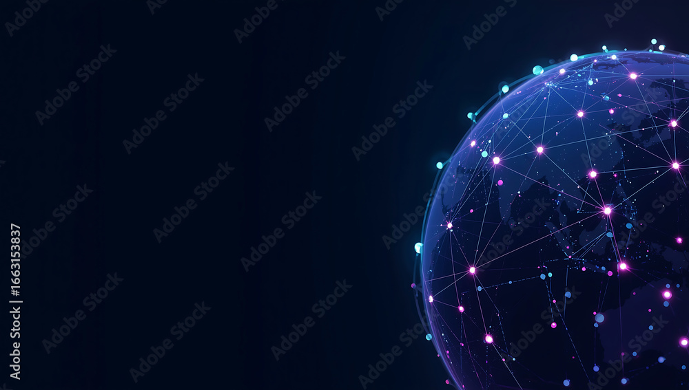 Poster glowing abstract digital network sphere with bright light connections on a dark blue background repr